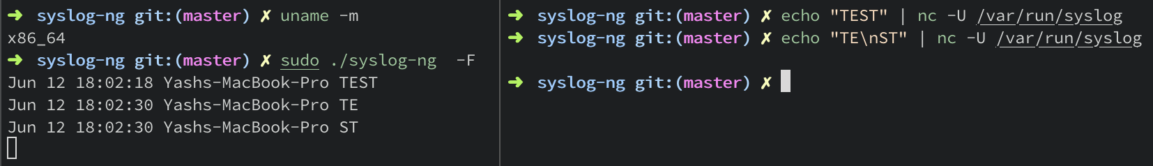 unix-stream() source driver tested using netcat on macOS (x86)